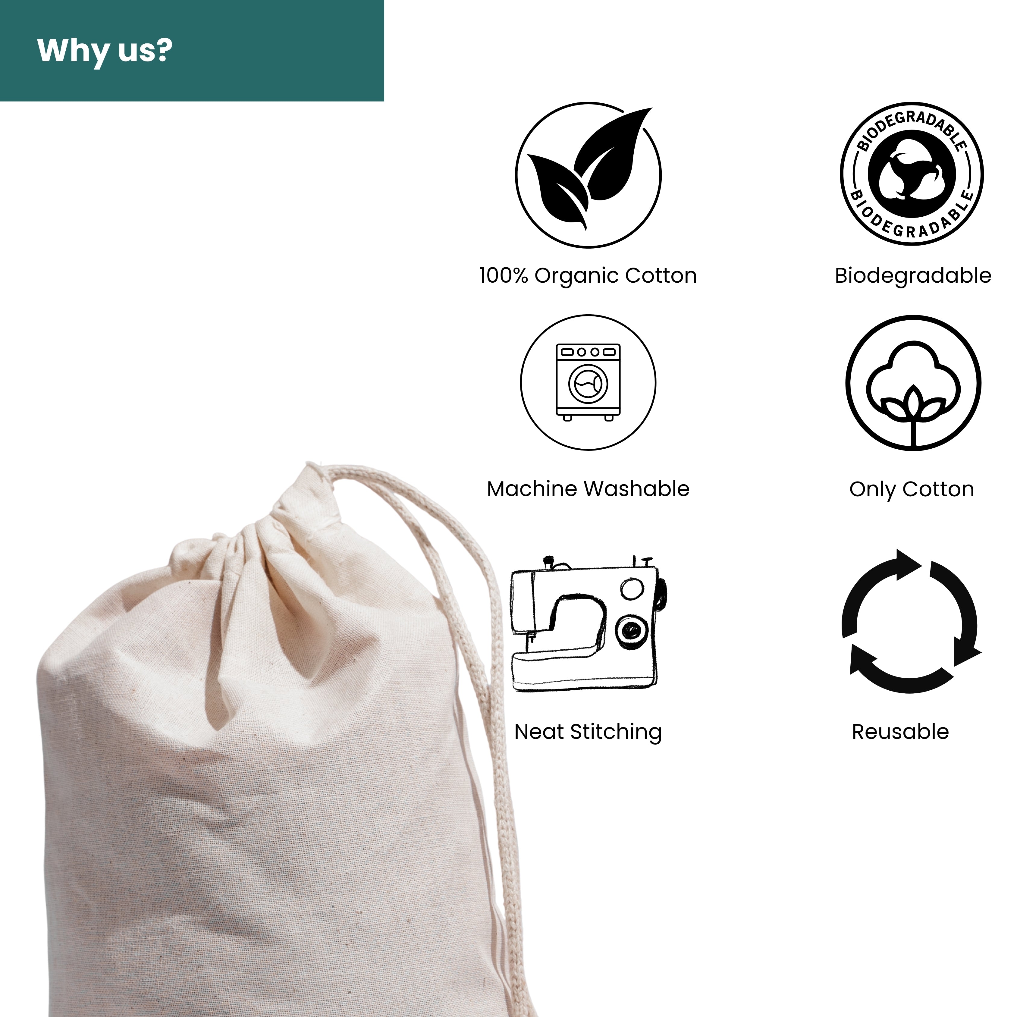 100% Organic Cotton Single Drawstring Eco-friendly Reusable Cotton Muslin Bags