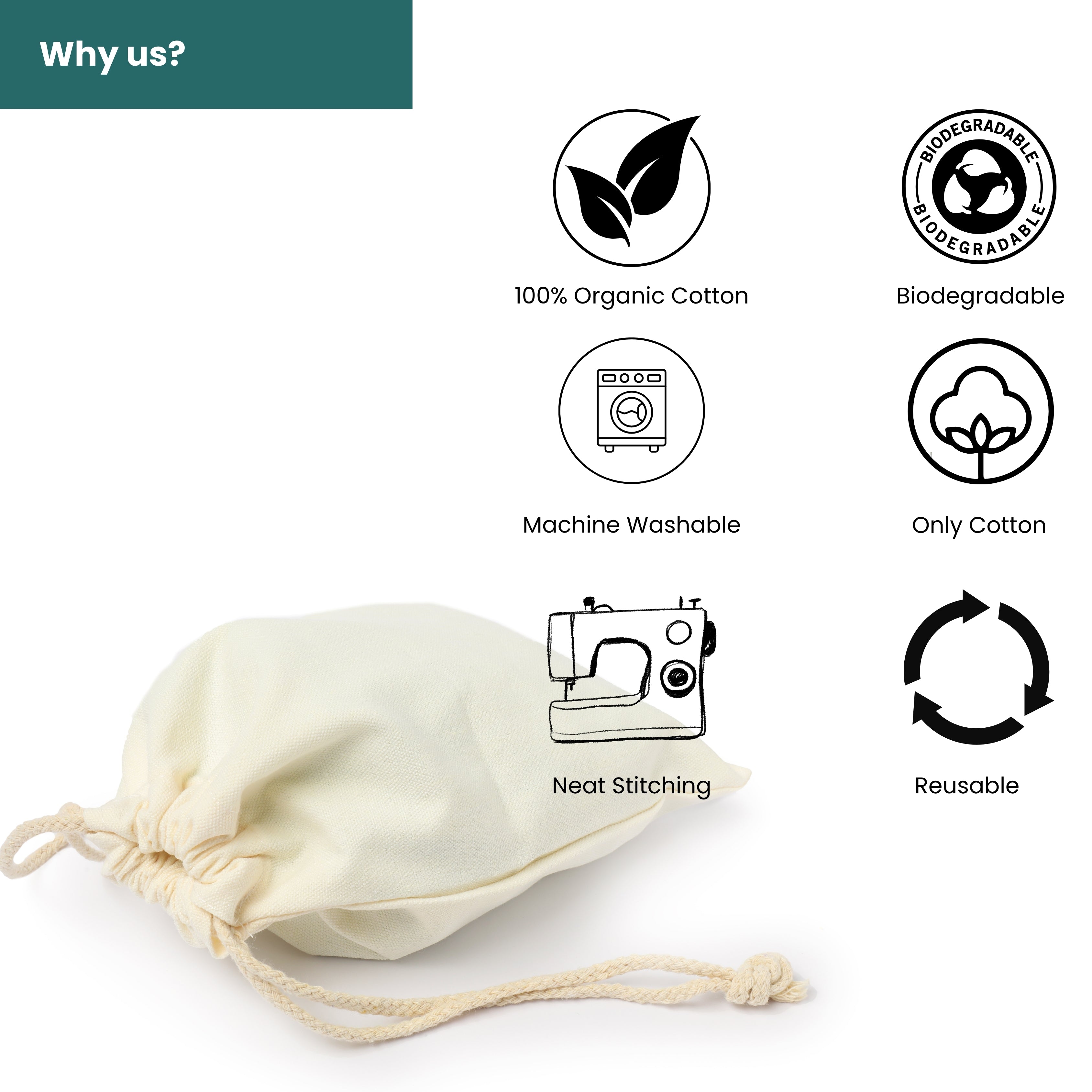 25x30 cm (10x12 Inches) 100% Organic Cotton Double Drawstring Eco-friendly Reusable Cotton Muslin Bags