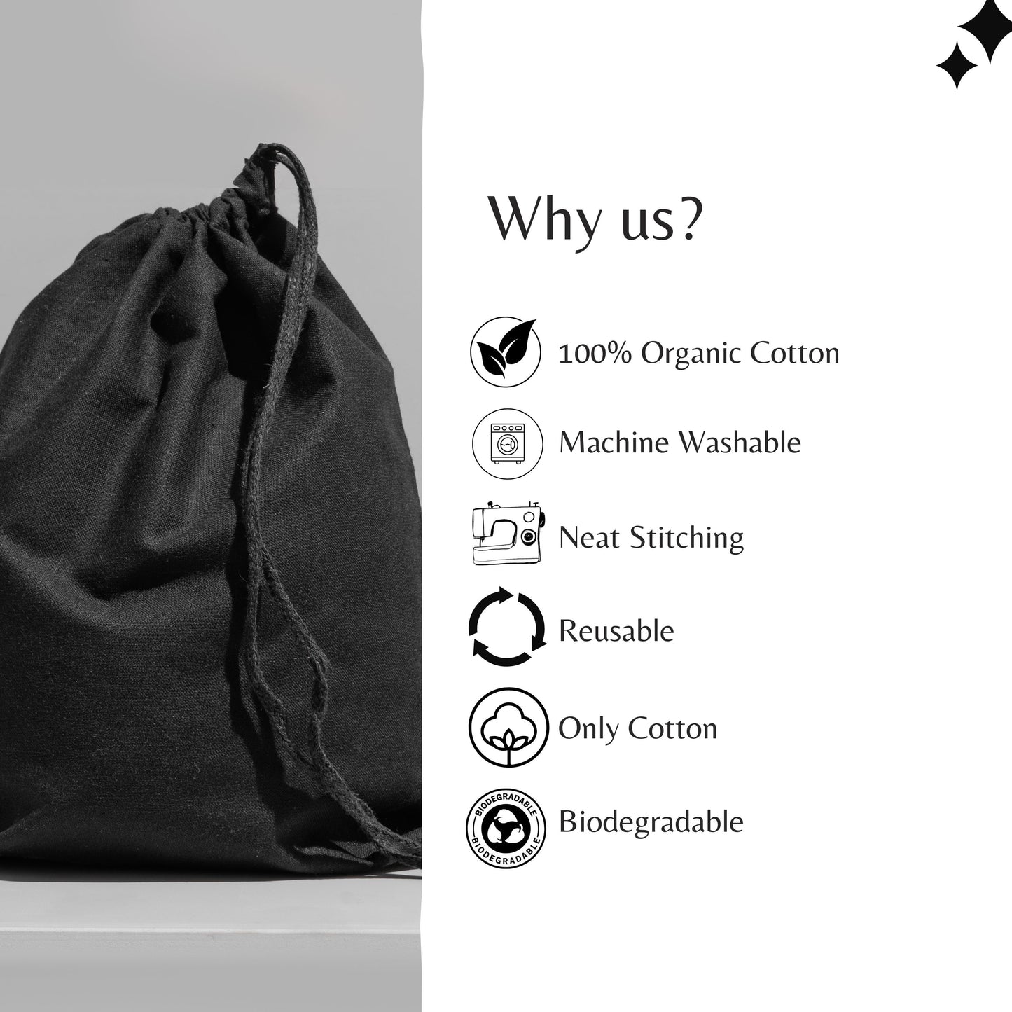 Black Cotton Single Drawstring Cotton Muslin Bags